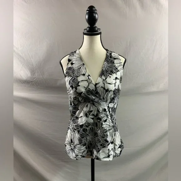 Black And White Floral Sleeveless Mesh Top - Picture 1 of 4